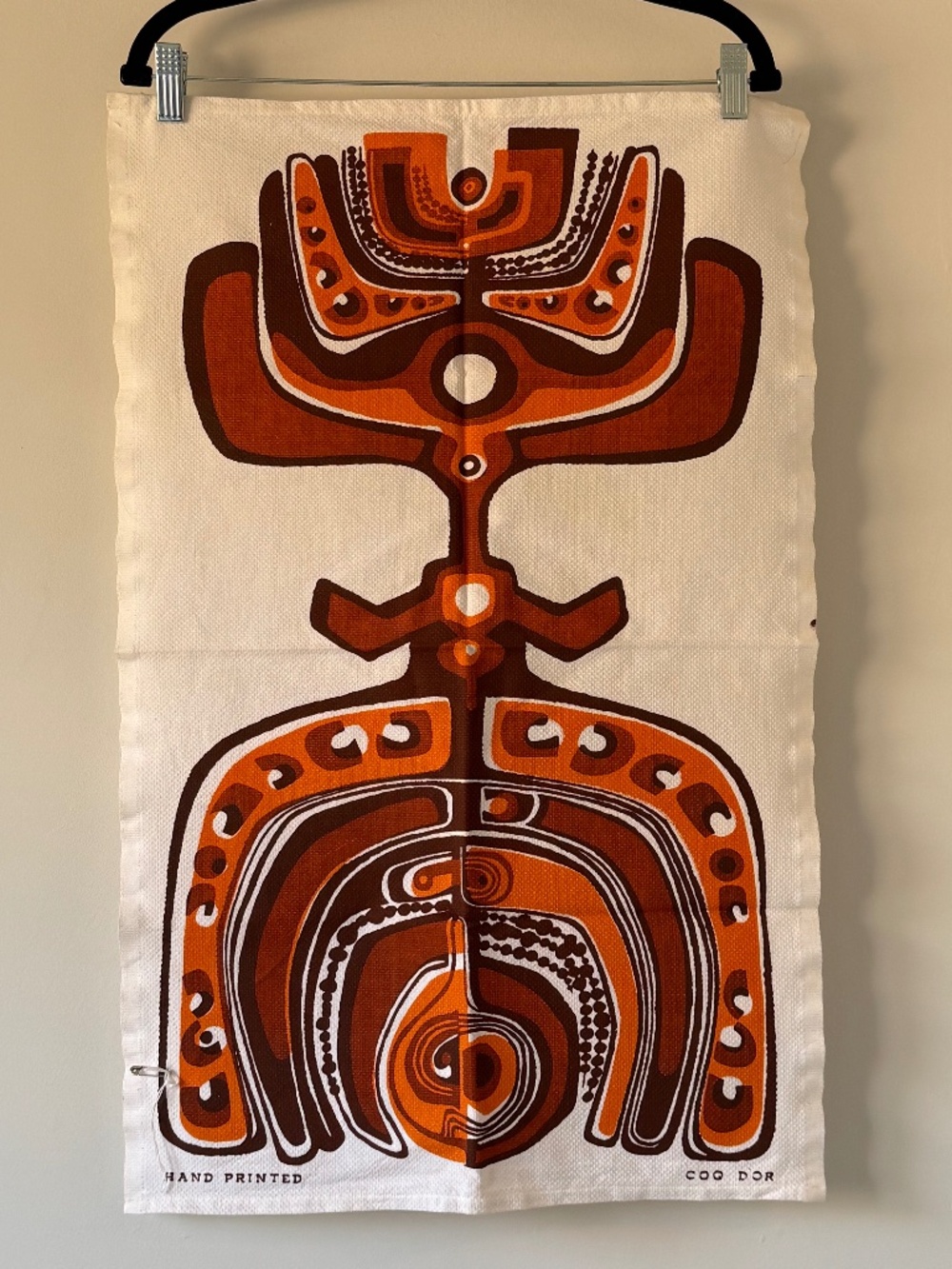 18x28" Hand Printed Vintage c1970s Authentic COQ DOR Orange Brown Wall Tapestry
